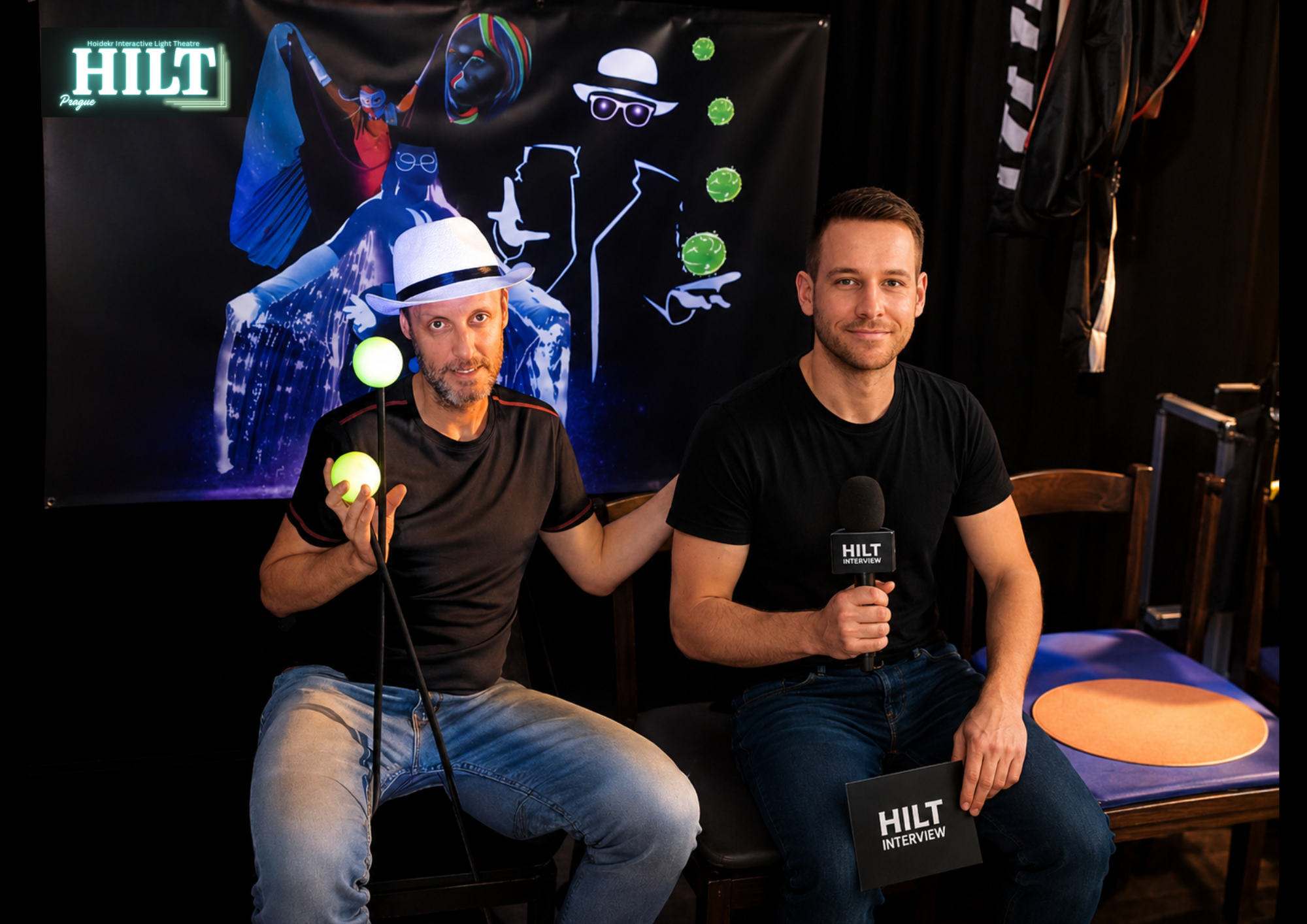 Theodor Hoidekr interviewed by Horazio Beneš backstage at HILT Black Light Theatre Prague